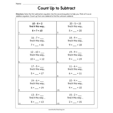 Count Up to Subtract Worksheet