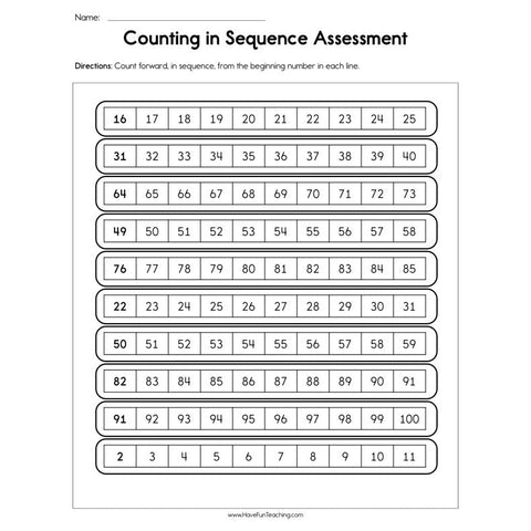 Counting in Sequence Assessment Worksheet