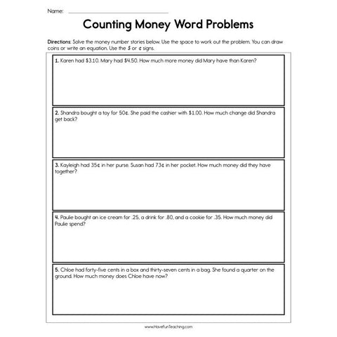 Counting Money Word Problems Worksheet