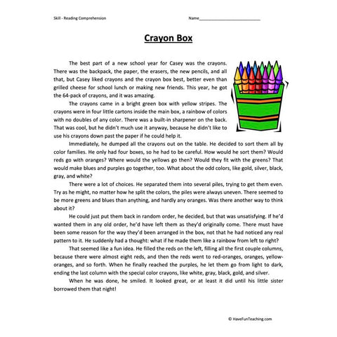 Crayon Box Reading Comprehension Worksheet