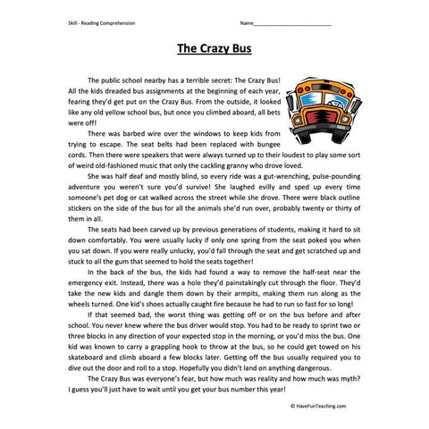 Crazy Bus Reading Comprehension Worksheet