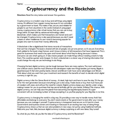 Cryptocurrency and the Blockchain Reading Comprehension Worksheet