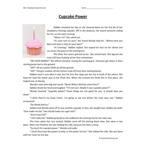 Cupcake Power Reading Comprehension Worksheet