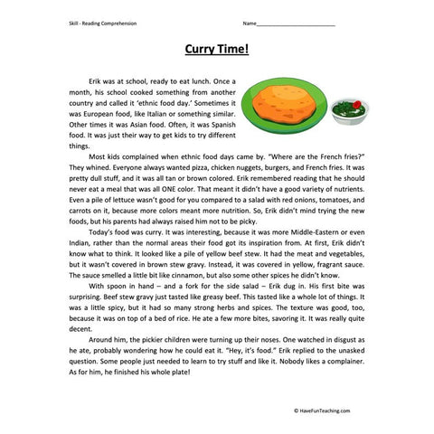 Curry Time Reading Comprehension Worksheet