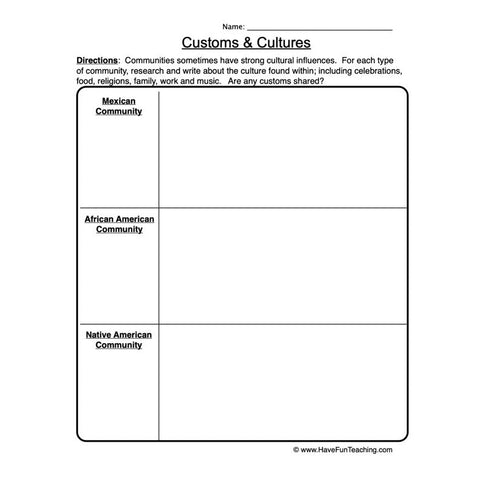 Customs and Cultures Worksheet