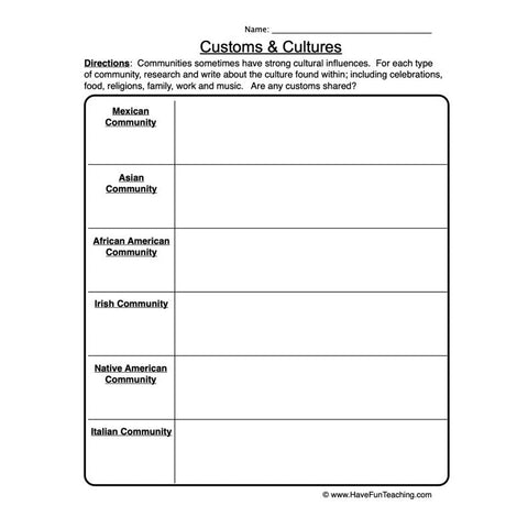 Customs and Cultures Worksheet 3