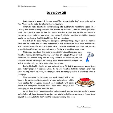 Dads Day Off Reading Comprehension Worksheet