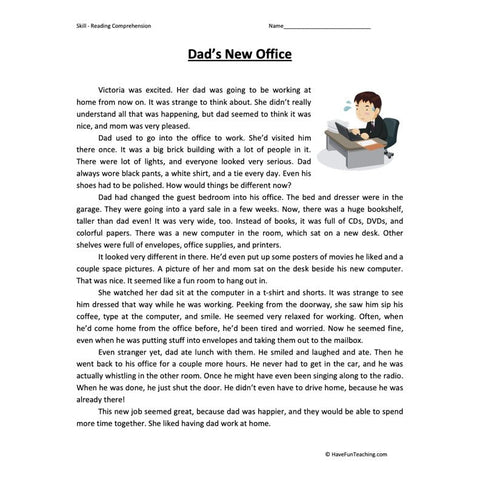 Dads New Office Reading Comprehension Worksheet