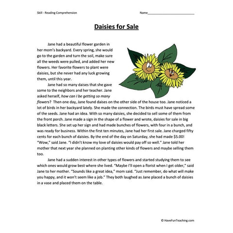 Daisies for Sale Reading Comprehension Worksheet