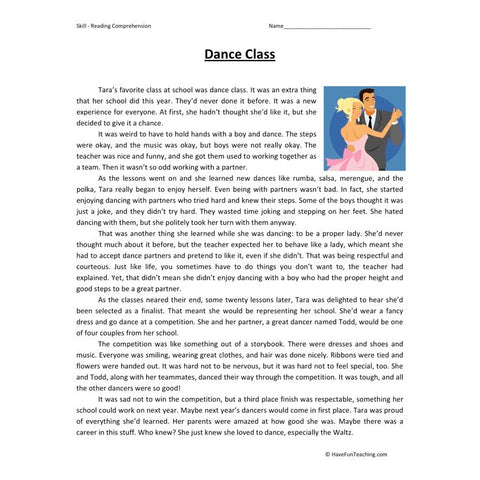 Dance Class Reading Comprehension Worksheet