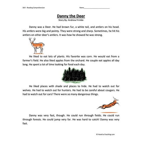 Danny the Deer Reading Comprehension Worksheet