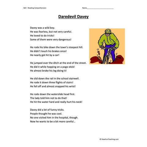 Daredevil Davey Reading Comprehension Worksheet