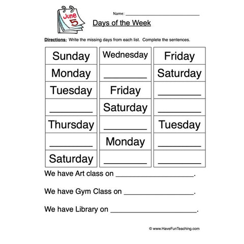 Days of the Week Worksheet