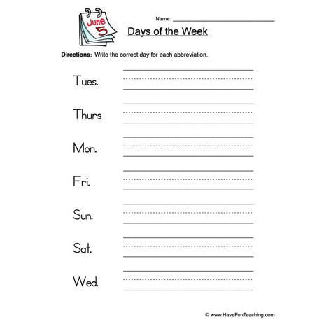 Days of the Week Worksheet 2