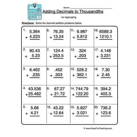 Decimal Addition Thousands Worksheet