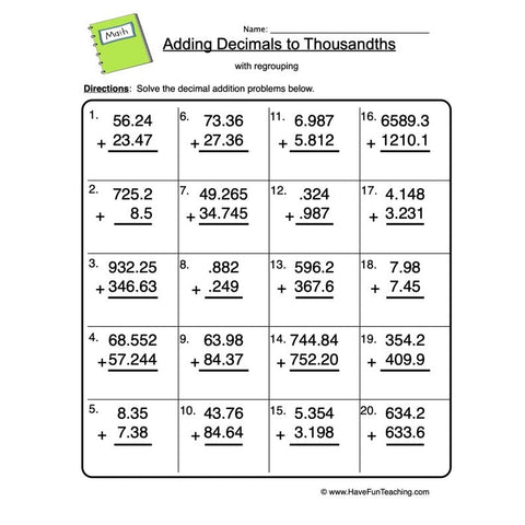 Decimal Addition Thousands Worksheet 2