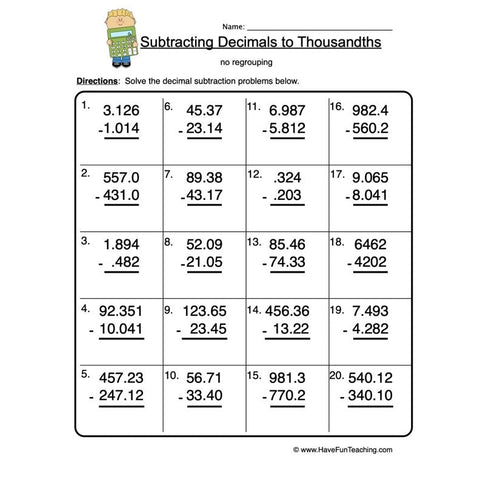 Decimal Subtraction Thousands Worksheet