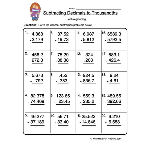 Decimal Subtraction Thousands Worksheet 2