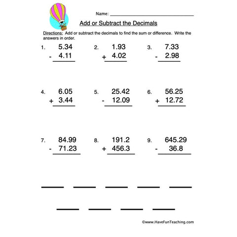 Decimals Worksheet