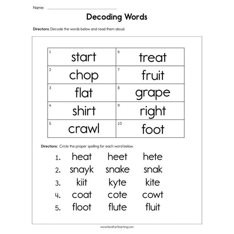 Decoding Words Worksheet