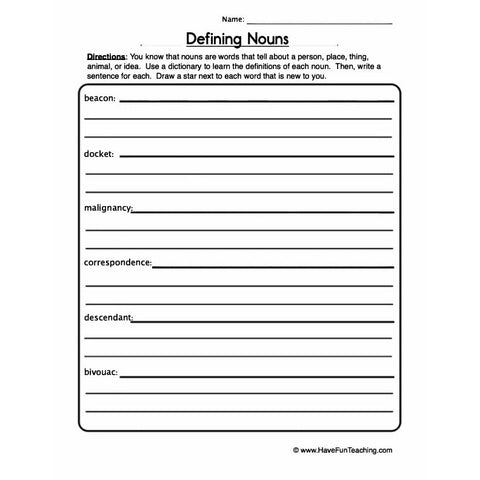 Defining Nouns Worksheet