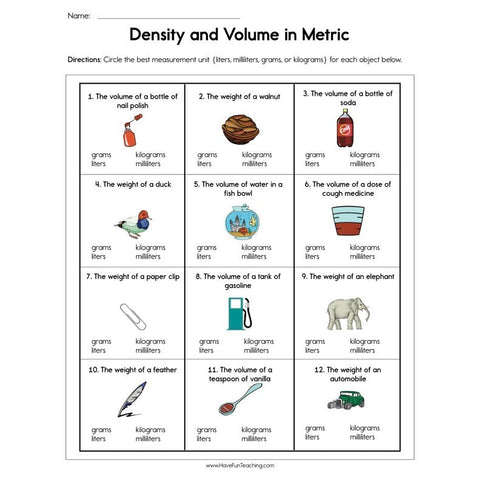 Density and Volume in Metric Worksheet