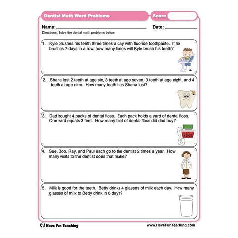 Dentist Math Word Problems Worksheet