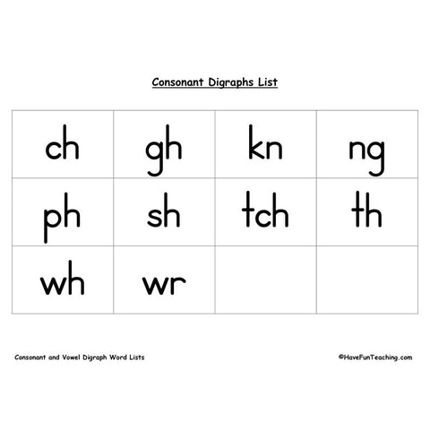 Digraphs List Worksheet