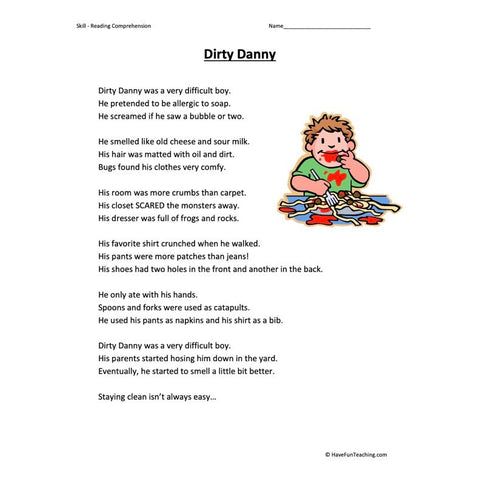 Dirty Danny Reading Comprehension Worksheet