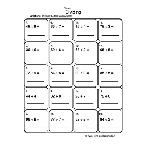 Dividing 1 2 Digit Worksheet