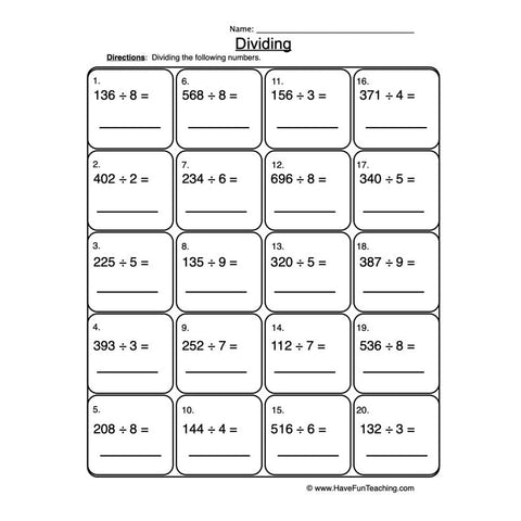 Dividing 1 3 Digit Worksheet
