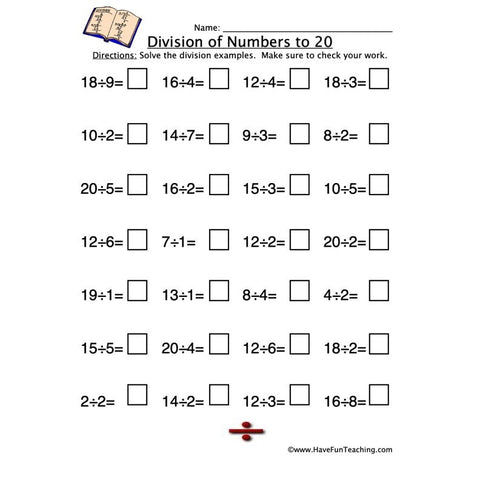 Division to Twenty Worksheet