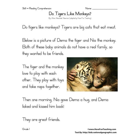 Do Tigers Like Monkeys Worksheet