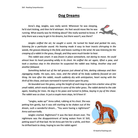 Dog Dreams Reading Comprehension Worksheet
