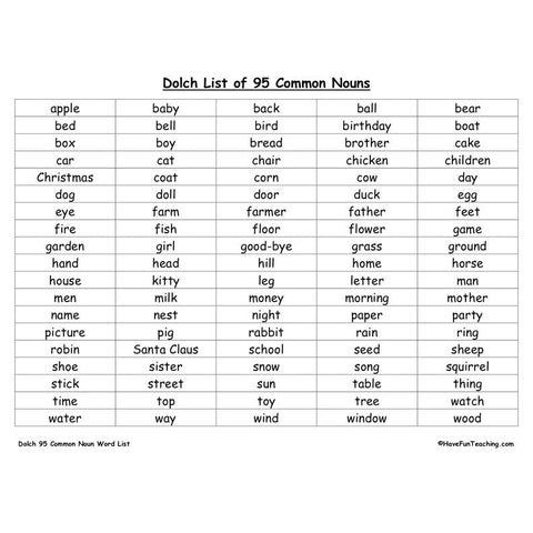 Dolch Common Nouns Worksheet