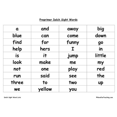 Dolch Sight Word Lists Worksheet 3