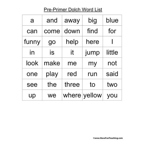 Dolch Sight Word Lists Worksheet 4