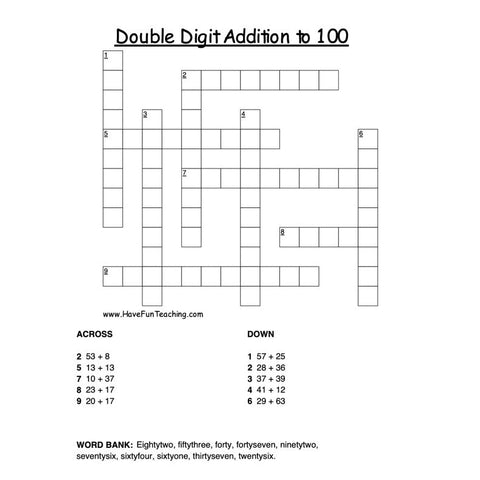 Double Digit Addition Crossword Puzzle Worksheet
