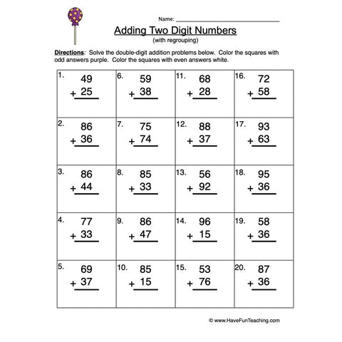 Double Digit Addition Regroup Worksheet 3