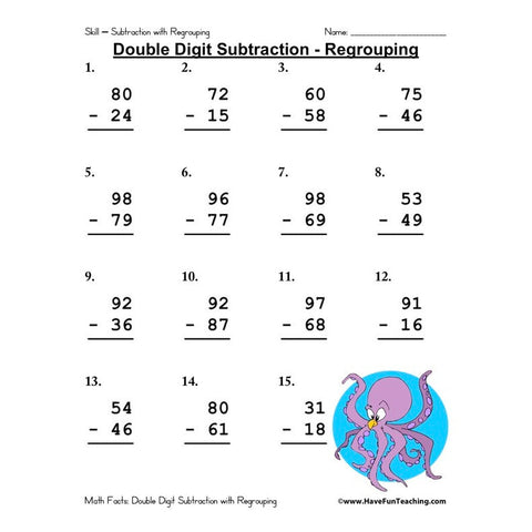 Double Digit Subtraction Regrouping Worksheet
