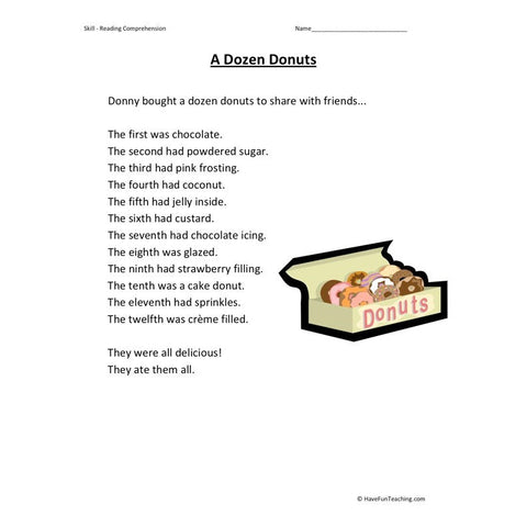 Dozen Donuts Reading Comprehension Worksheet
