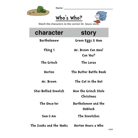 Dr. Seuss Character Match Worksheet 2