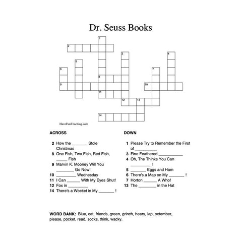 Dr Seuss Crossword Puzzle Worksheet