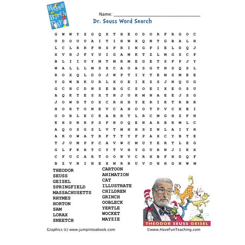 Dr Seuss Word Search Worksheet