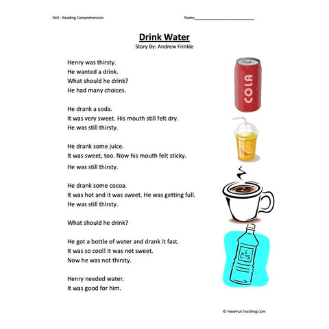 Drink Water Reading Comprehension Worksheet