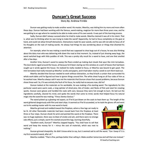 Duncans Great Success Sixth Reading Comprehension Worksheet