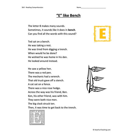 E Like Bench Reading Comprehension Worksheet