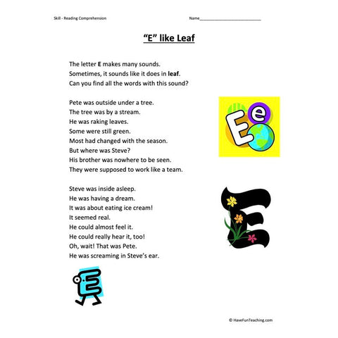 E Like Leaf Reading Comprehension Worksheet
