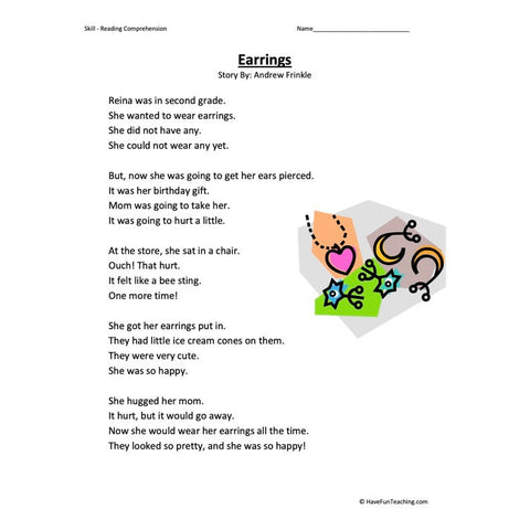 Earrings Reading Comprehension Worksheet