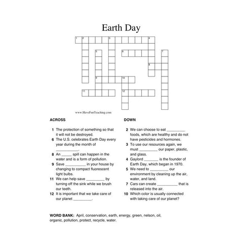 Earth Day Crossword Puzzle Worksheet
